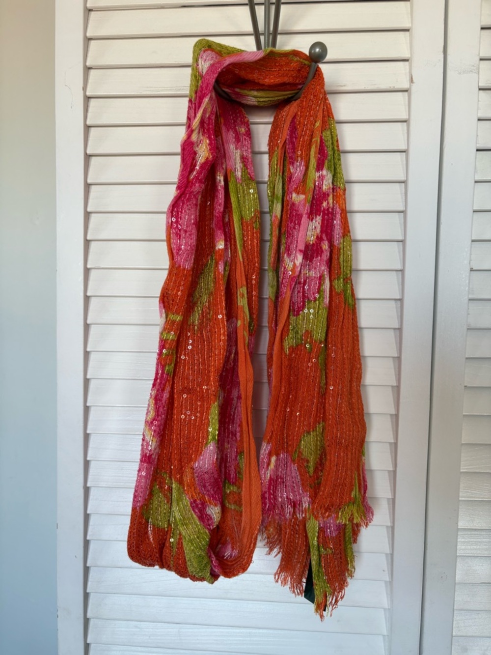 Ralph Lauren Vibrant Orange Floral Knit Scarf with Pink & Green Accents